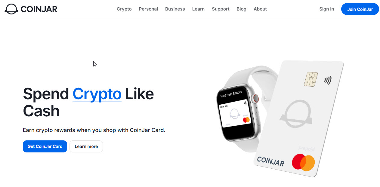 CoinJar app showing the Card management screen with crypto and AUD balances
