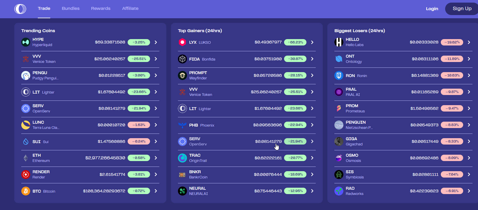 Coinstash coin browser showing the 1,100+ cryptocurrencies available
