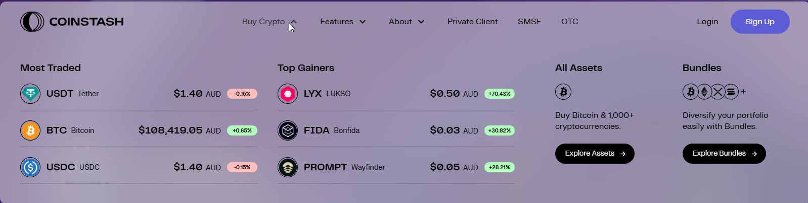 Coinstash dashboard showing portfolio overview and asset list
