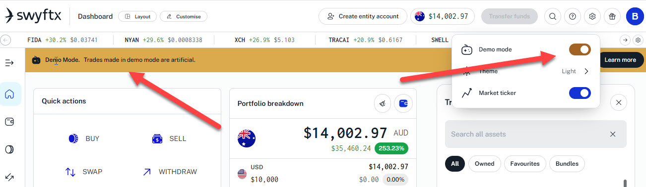 Swyftx demo mode interface showing simulated trading with practice funds
